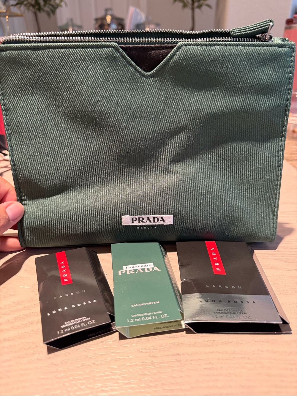 Prada Beauty Green Men's Toiletry Pouch with samples